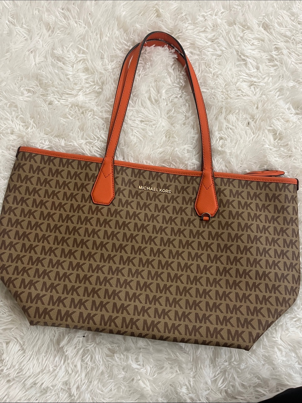 Michael Kors Brown MK Logo Tote with Orange Trim